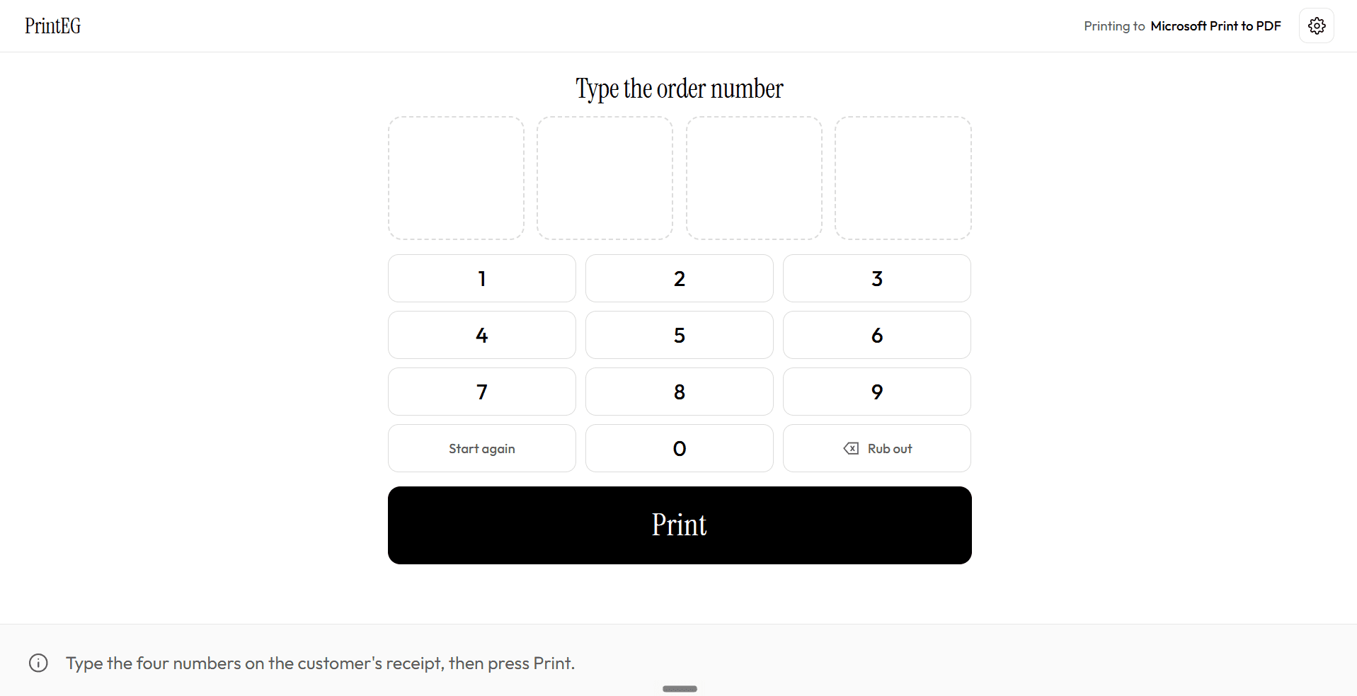 PrintEG Shop: four boxes for the order number, a number keypad, and a large Print button.